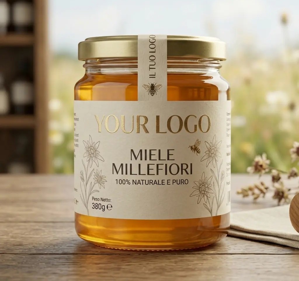 Vasetti di miele con coperchio di legno su tavolo rustico
